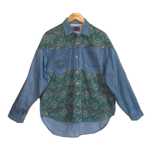 BUGLE BOY Women XL Vintage 80s Denim Mixed Fabric Long Sleeve Cotton Popover Top